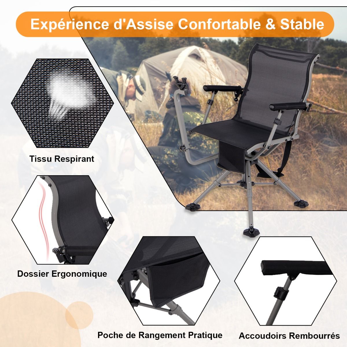 Chaise de Chasse Portable Chaise de Tir avec Siège de Pliable Réglables Rotation à 360° Support de Fusil Réglable Charge 150 kg Noir -