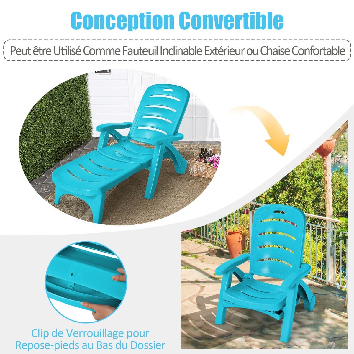 Chaise Longue Pliable Dossier Inclinable à 5 Positions avec Roues Intégrées pour Terrasse Jardin Piscine 150 kg Gris/Blanc/Bleu -