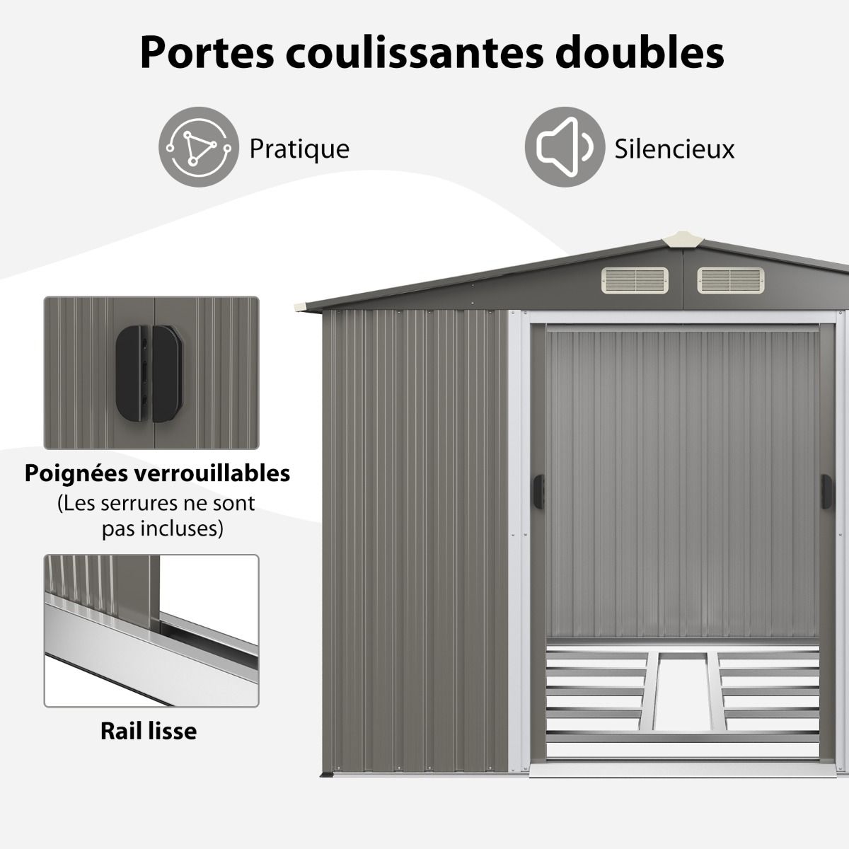 Abri de Jardin Métal Extérieur 9.74m³ Acier Galvanisé avec Fondation 4 Persiennes Double Porte et Rampe 260 x 207 x 181 cm Gris Foncé/Gris Clair -