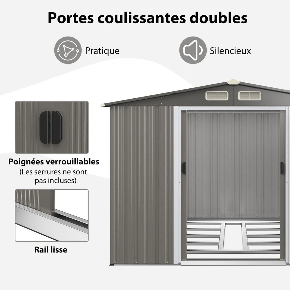 Abri de Jardin Métal Extérieur 9.74m³ Acier Galvanisé avec Fondation 4 Persiennes Double Porte et Rampe 260 x 207 x 181 cm Gris Foncé/Gris Clair -