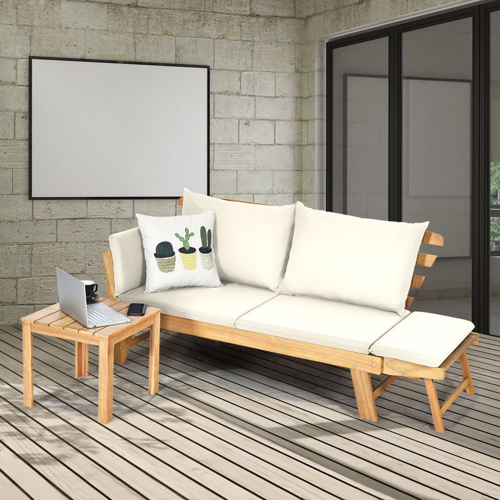 Chaise Longue Convertible avec Coussin Canapé de Jardin 2 en 1 en Bois d’Acacia avec Accoudoir Réglable pour Patio Piscine Jardin Blanc/Gris/Bleu/Rouge -