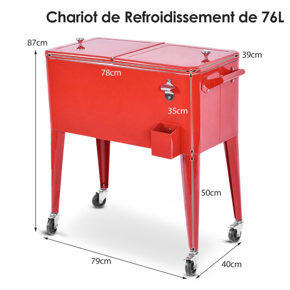 Chariot Isotherme Roulant de 76L Réfrigérant avec Roulettes Universelles Ouvre-bouteille Desserte Jardin pour Conserver Glace et Boissons -