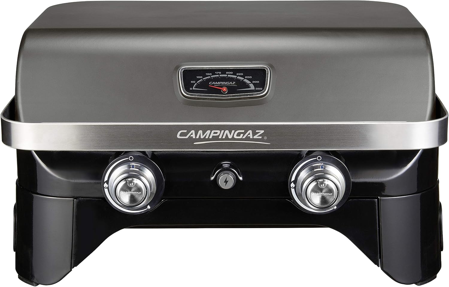Attitude2go,Barbecue de Table à Faible fumée,BBQ Portable,à Couvercle,thermomètre,et Grille en Fonte,Alimentation : Cartouche de gaz CV 470 Plus,Gris