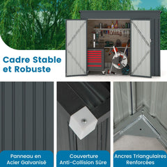 Abri de Jardin Extérieur Abri à Outils de Jardin avec 2 Portes Design Incliné Aérations Cadre en Métal Galvanisé 235x117x185cm Gris Foncé -