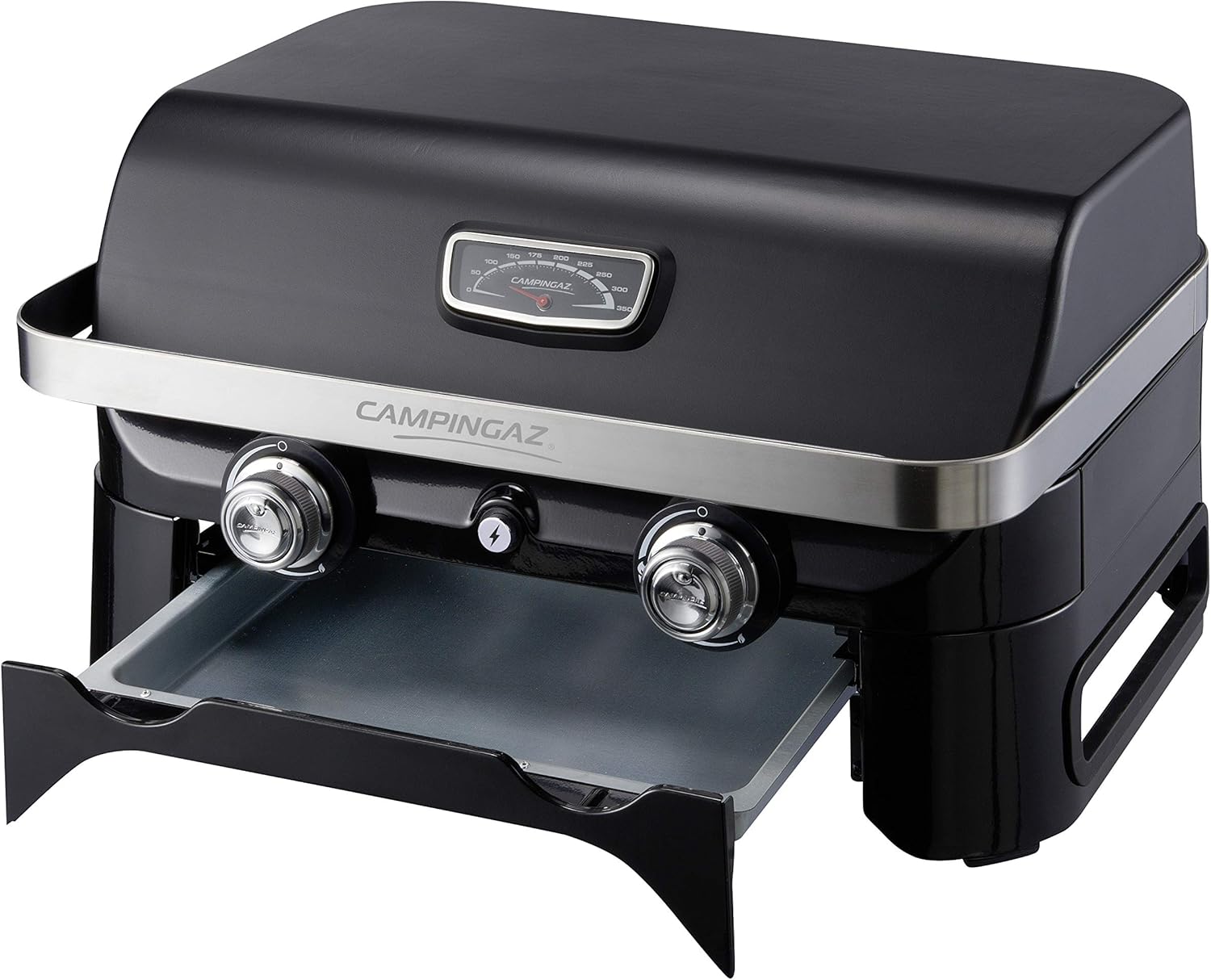 Attitude2go,Barbecue de Table  Faible fume,BBQ Portable, Couvercle,thermomtre,et Grille en Fonte,Alimentation : Cartouche de gaz CV 470 Plus,Gris