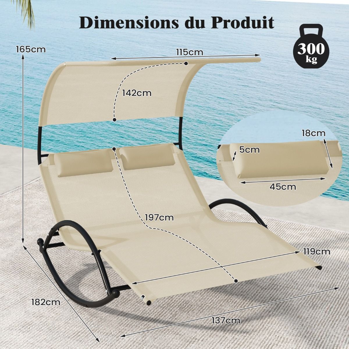 Chaise Longue Double Chaise  Bascule pour 2 Personnes 2 Appui-T锚tes Amovibles Cadre en Mtal Robuste Lit de Repos Ergonomique 2 Places Gris/Noir/Beige -