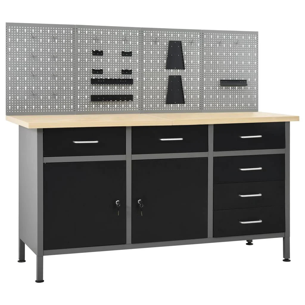 Etabli avec 4 panneaux muraux table de travail poste de travail stockage rangement d'outils 160 cm garage atelier pieds réglables en hauteur 02_0003666 -
