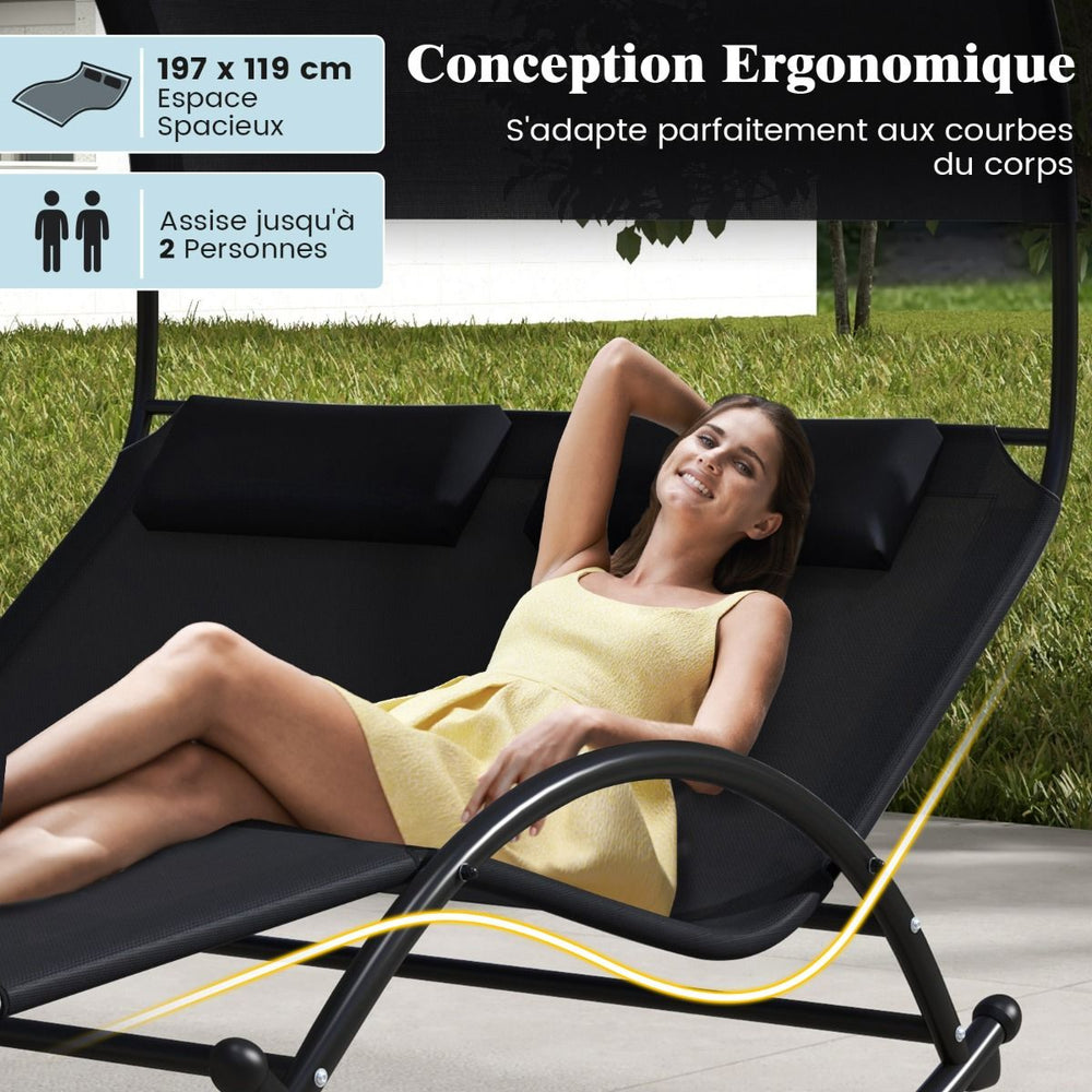 Chaise Longue Double Chaise  Bascule pour 2 Personnes 2 Appui-T锚tes Amovibles Cadre en Mtal Robuste Lit de Repos Ergonomique 2 Places Gris/Noir/Beige -