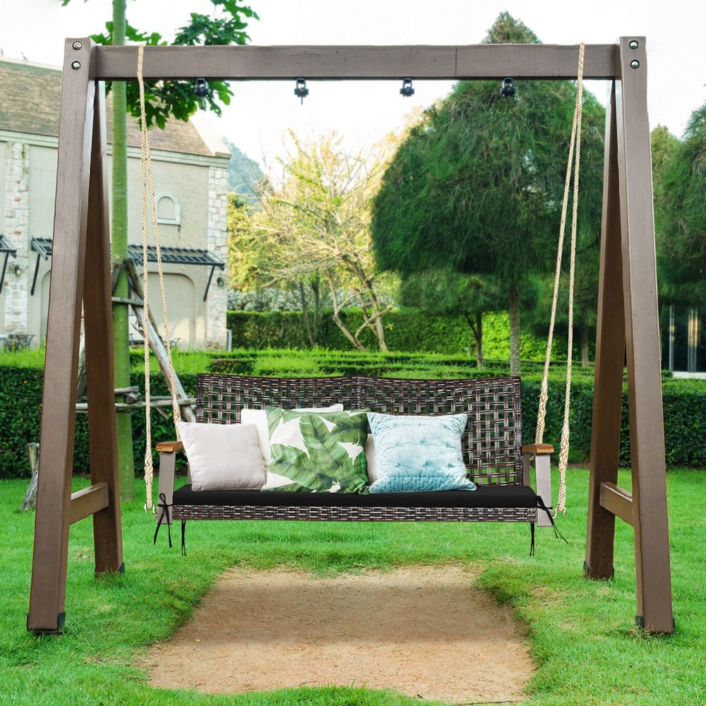 Banc Suspendu de Jardin en Rotin 2 Place Accoudoirs en Bois d'Acacia Cadre en Mtal Coussin Cordes Crochets Blanc/Noir -