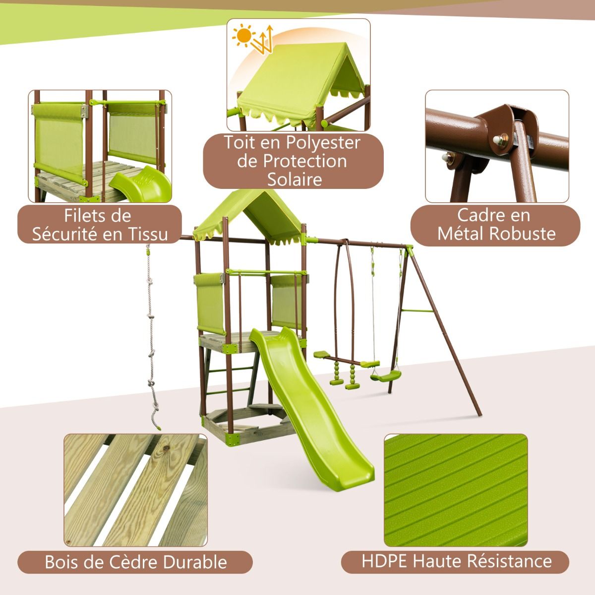 Balanoire 7-en-1 Aire de Jeu en Mtal avec Fort Couvert Rglable en Hauteur Corde d'Escalade Bac  Sable Glisseur Toboggan Ondul Vert -