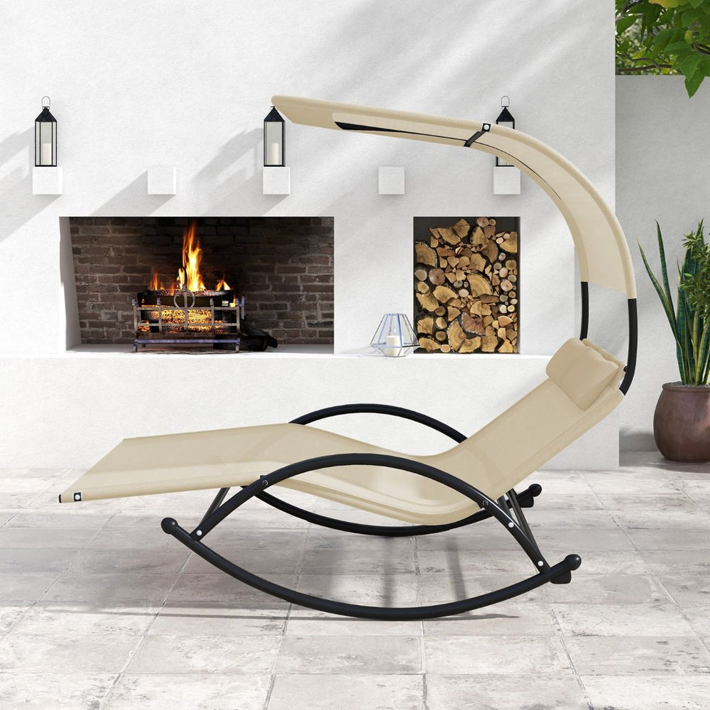 Chaise Longue Double Chaise  Bascule pour 2 Personnes 2 Appui-T锚tes Amovibles Cadre en Mtal Robuste Lit de Repos Ergonomique 2 Places Gris/Noir/Beige -