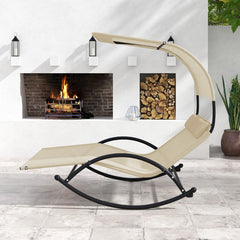 Chaise Longue Double Chaise  Bascule pour 2 Personnes 2 Appui-T锚tes Amovibles Cadre en Mtal Robuste Lit de Repos Ergonomique 2 Places Gris/Noir/Beige -