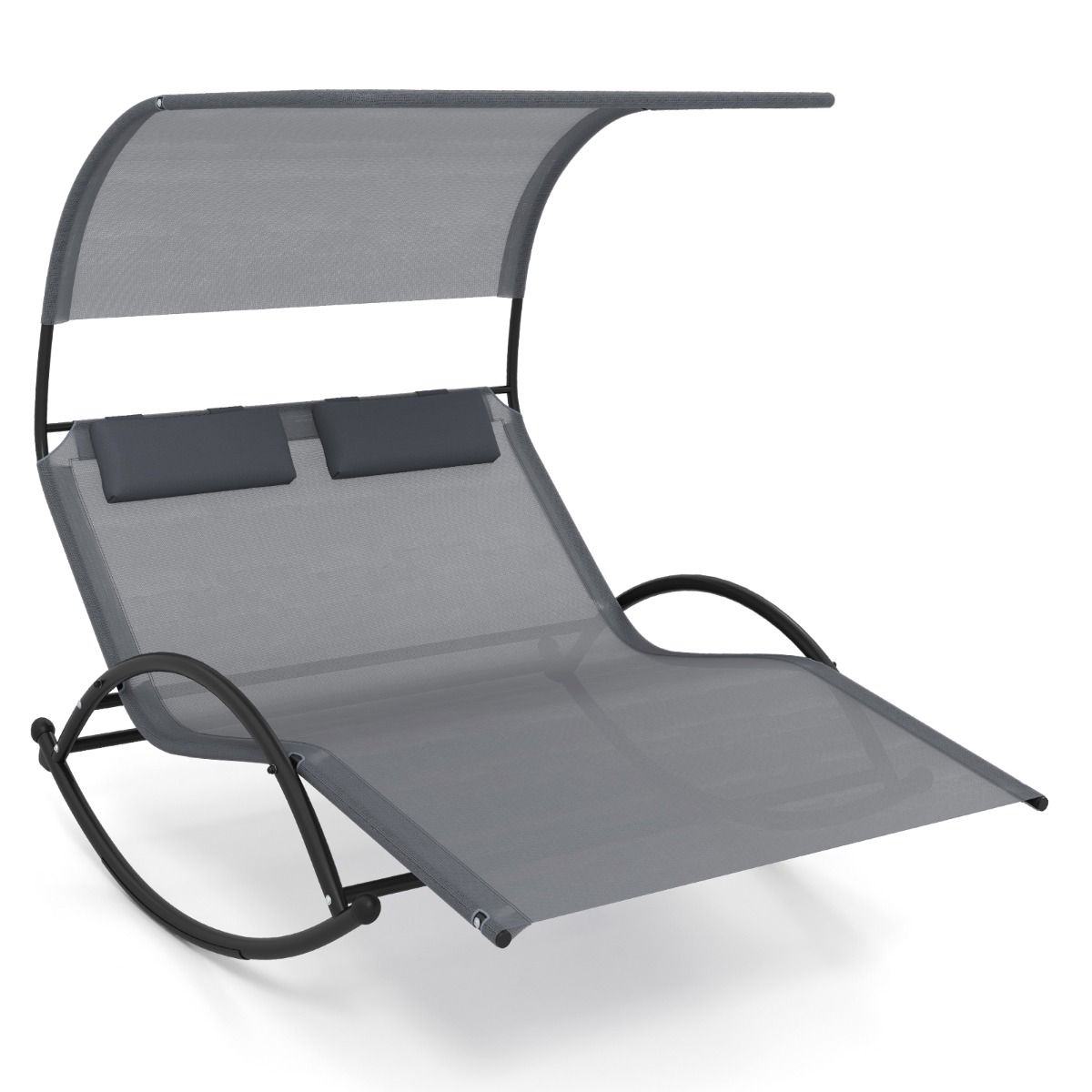 Chaise Longue Double Chaise  Bascule pour 2 Personnes 2 Appui-T锚tes Amovibles Cadre en Mtal Robuste Lit de Repos Ergonomique 2 Places Gris/Noir/Beige -
