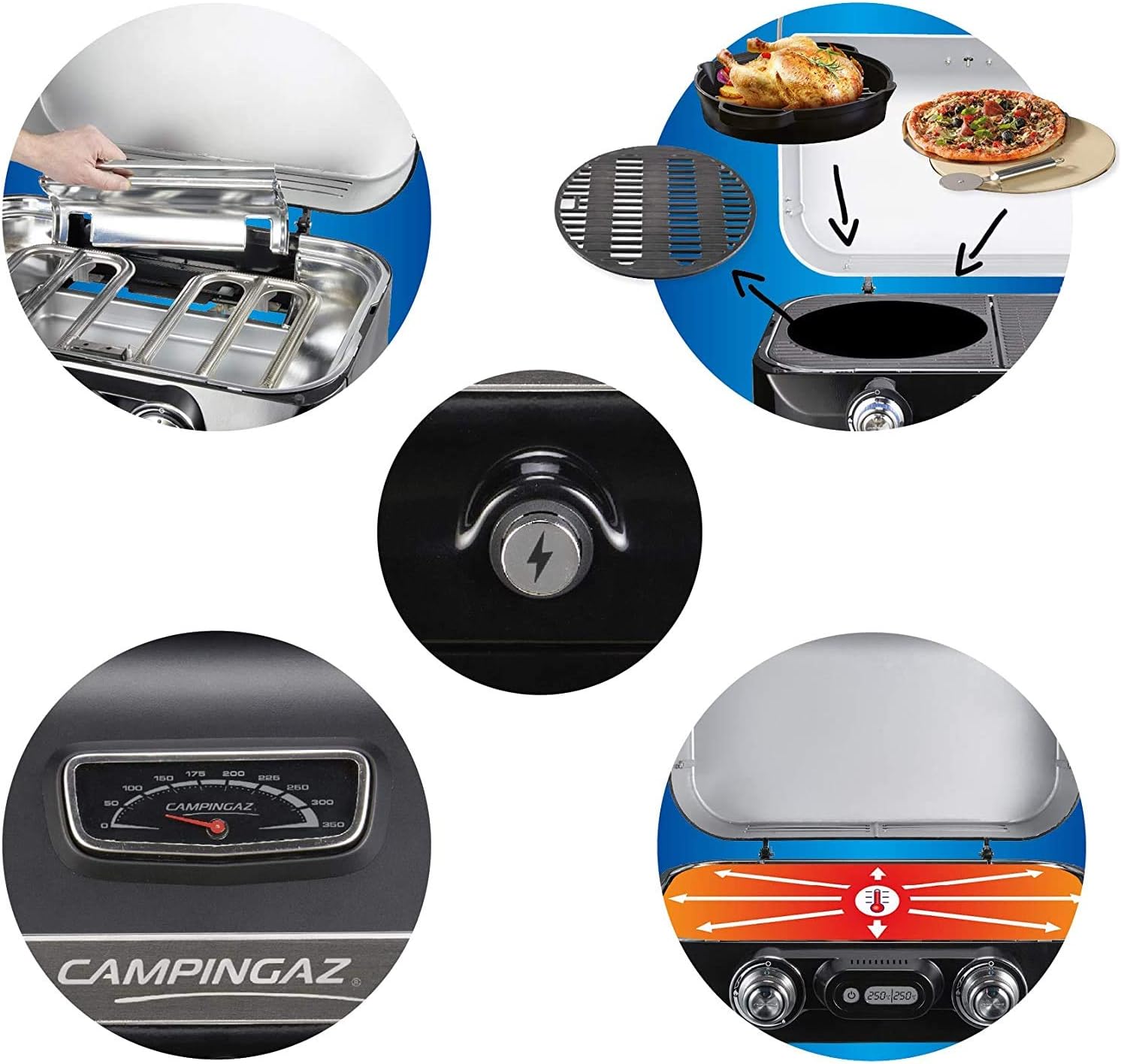 Attitude2go,Barbecue de Table à Faible fumée,BBQ Portable,à Couvercle,thermomètre,et Grille en Fonte,Alimentation : Cartouche de gaz CV 470 Plus,Gris