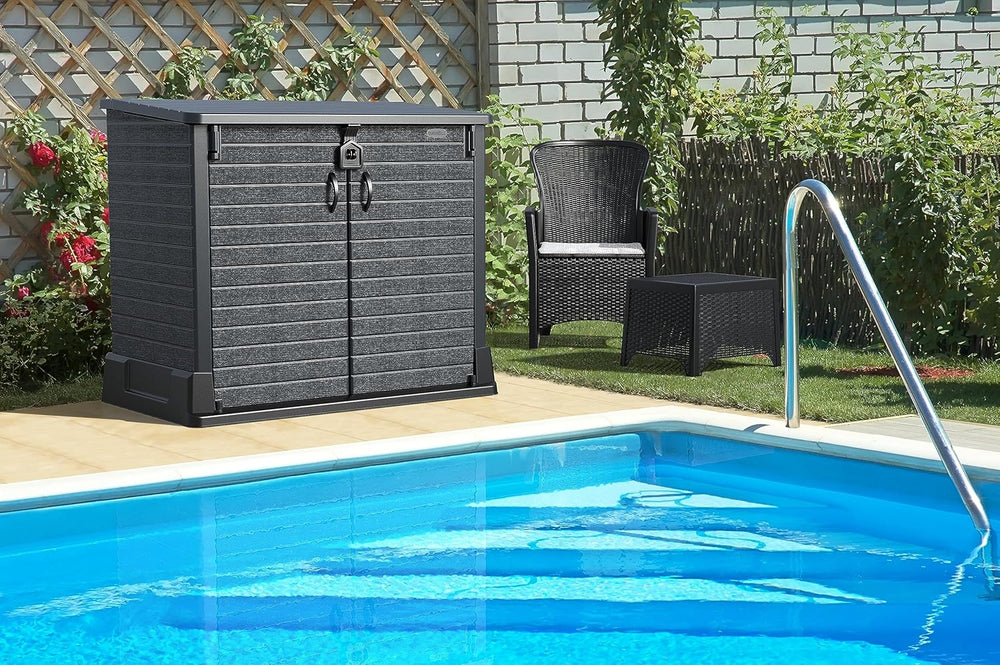 Duramax StoreAway 1200L Plastic Garden Shed/ Flat Lid,Outdoor Storage Shed,Wheelie Bin Hideaways,Wheelie bin box,Durable Construction,Ideal for Bikes,BBQs & 2x 240L Bins,145x85x125 cm,Brown