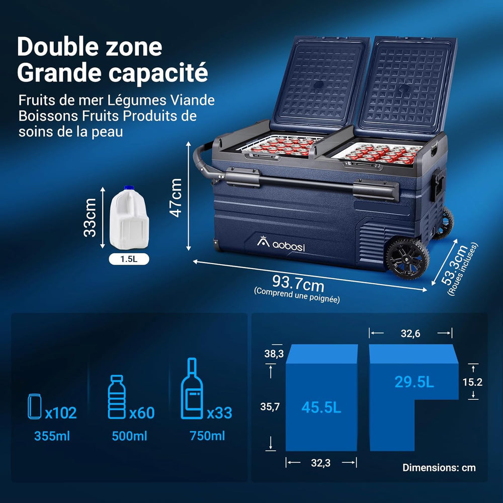 115L Glaciere Electrique Double Zone,Glaciere a Compression WiFi APP,12 V/24 V et 100-240 V Frigo Camping,-20 à 20 pour Voiture,Camion,Bateau,Camping,Car,Caravanes,Voyageant,Maison