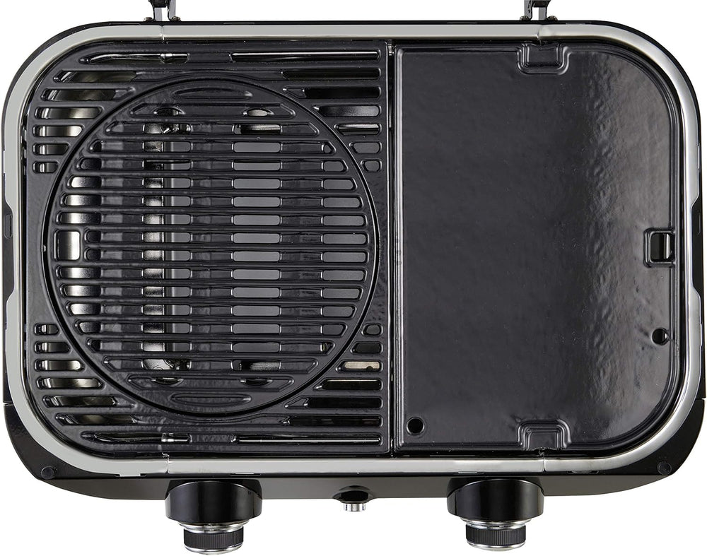 Attitude2go,Barbecue de Table  Faible fume,BBQ Portable, Couvercle,thermomtre,et Grille en Fonte,Alimentation : Cartouche de gaz CV 470 Plus,Gris