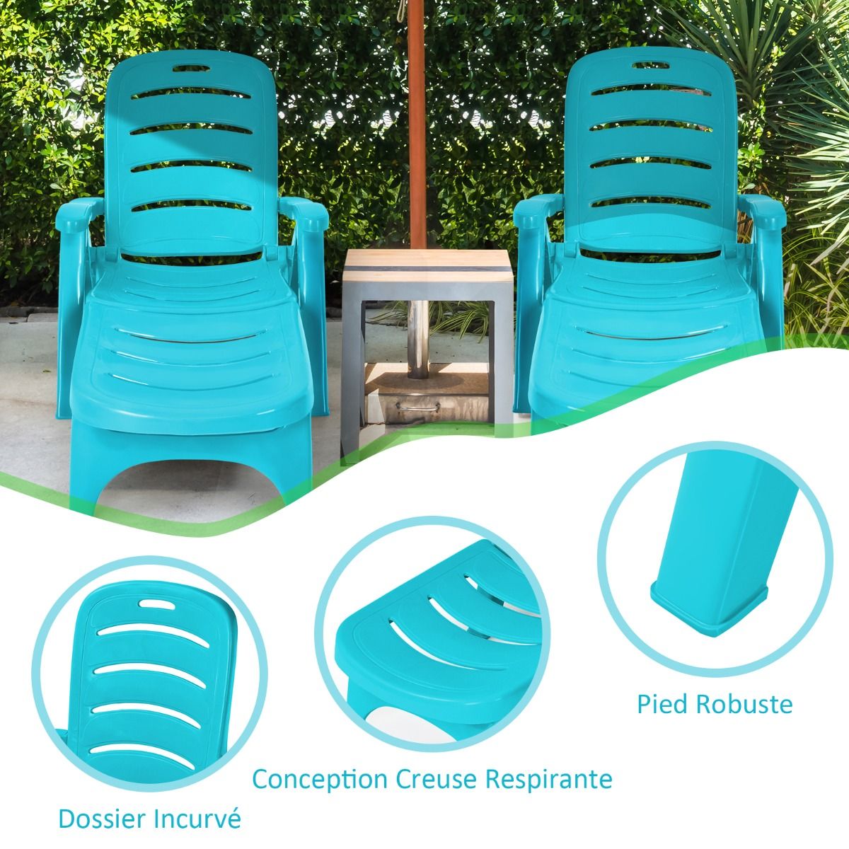 Chaise Longue Pliable Dossier Inclinable  5 Positions avec Roues Intgres pour Terrasse Jardin Piscine 150 kg Gris/Blanc/Bleu -