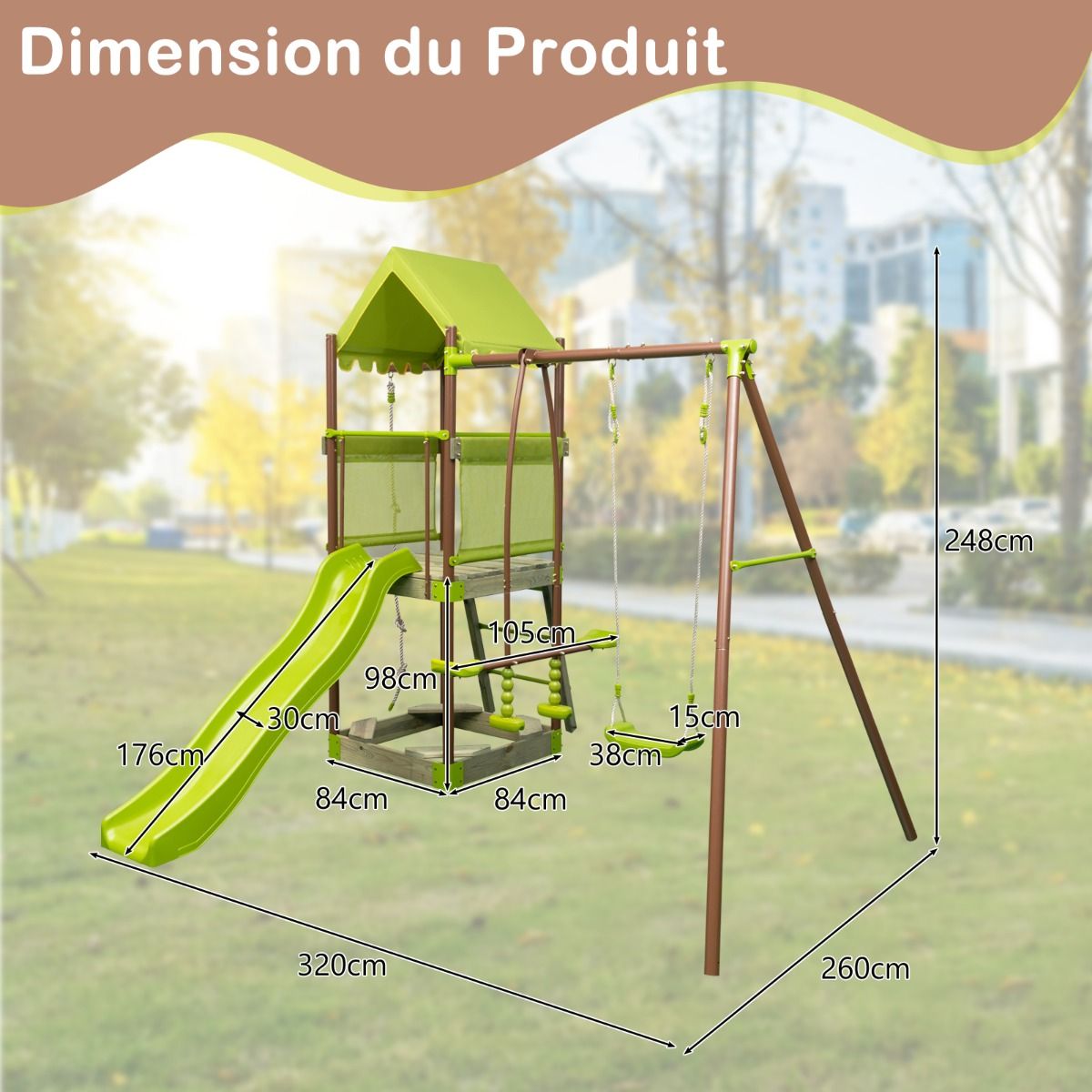 Balançoire 7-en-1 Aire de Jeu en Métal avec Fort Couvert Réglable en Hauteur Corde d'Escalade Bac à Sable Glisseur Toboggan Ondulé Vert -