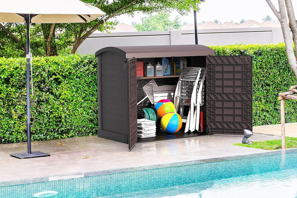 Duramax StoreAway 1200L Plastic Garden Shed/ Flat Lid,Outdoor Storage Shed,Wheelie Bin Hideaways,Wheelie bin box,Durable Construction,Ideal for Bikes,BBQs & 2x 240L Bins,145x85x125 cm,Brown