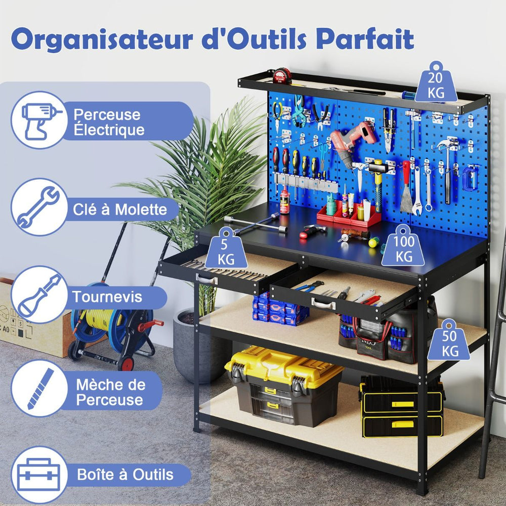 Établi de Bricolage 121 x 61 cm Table de Travail en Métal de 230 kg avec 3 Panneaux Perforés 24 Accessoires de Suspension Noir/Bleu Marine -