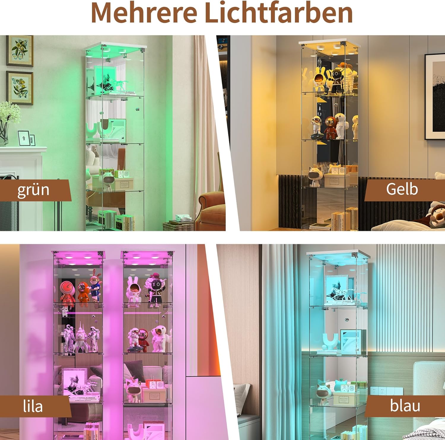 BPKADHY Vitrine sur pied en verre à 4 couches - 1 porte - Lampe LED et serrure avec paroi arrière miroir - Armoire de salon pour objets de collection et livres - Blanc