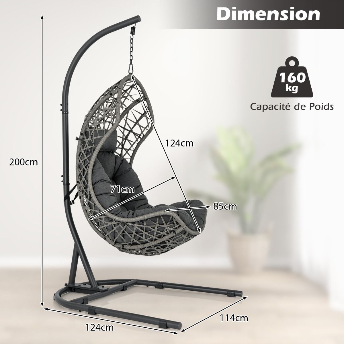 Chaise Oeuf en Rotin PE avec Support avec Oreiller et Coussin Chaise Suspendue avec Accessoires de Suspension Capacit 160 Kg Gris -