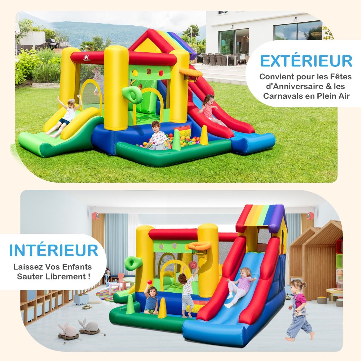 Château Gonflable à Thème Arc-en-ciel 7 en 1 avec Ventilateur Double Toboggans Piscine à Balles Panier de Basket Charge 90kg -