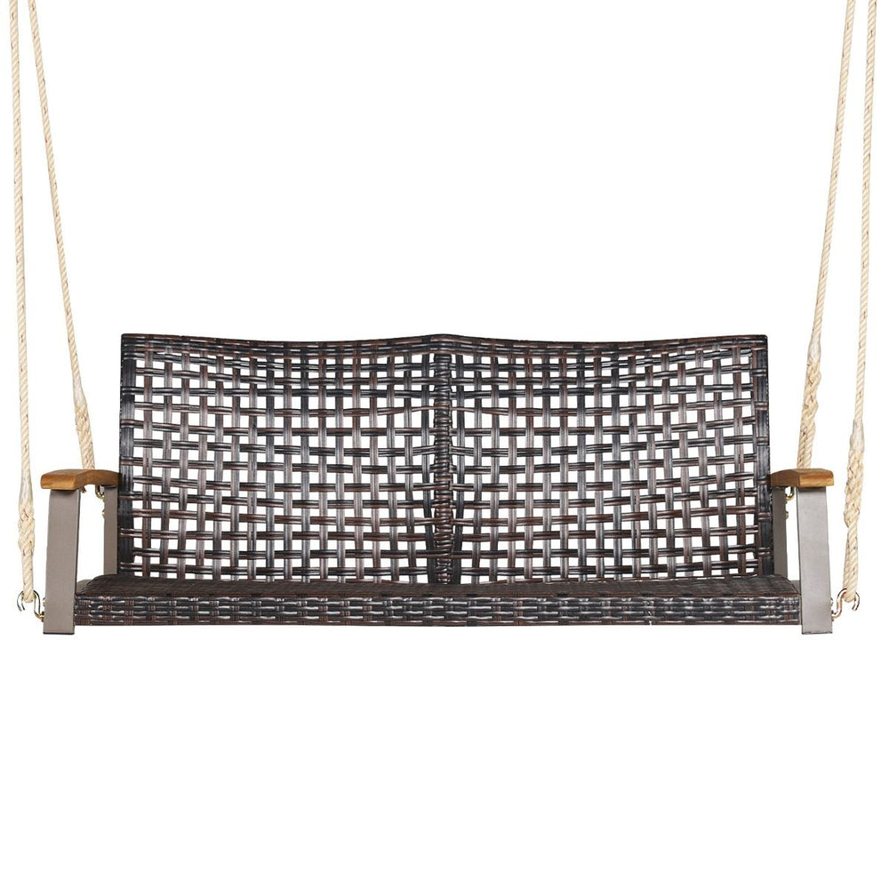 Banc Suspendu de Jardin en Rotin 2 Place Accoudoirs en Bois d'Acacia Cadre en Mtal Coussin Cordes Crochets Blanc/Noir -