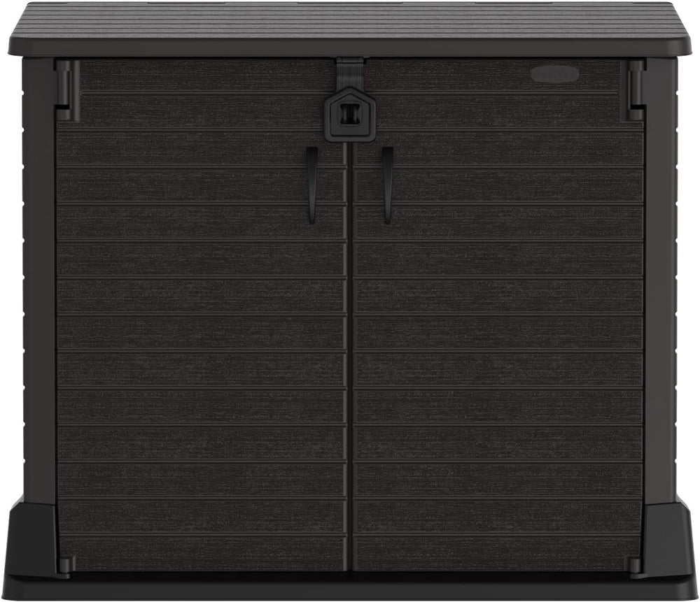 Duramax StoreAway 1200L Plastic Garden Shed/ Flat Lid,Outdoor Storage Shed,Wheelie Bin Hideaways,Wheelie bin box,Durable Construction,Ideal for Bikes,BBQs & 2x 240L Bins,145x85x125 cm,Brown