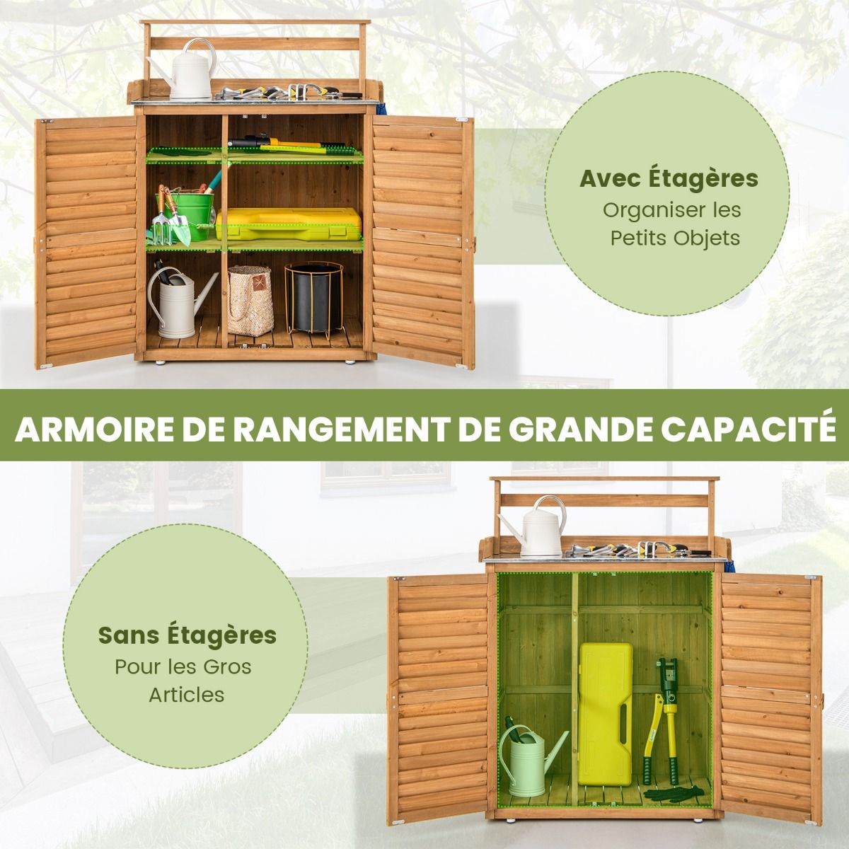 Banc d'Empotage d'Extérieur Table de Jardinage avec Comptoir en Métal Galvanisé 3 Crochets de Suspension Etagères Amovibles Naturel -