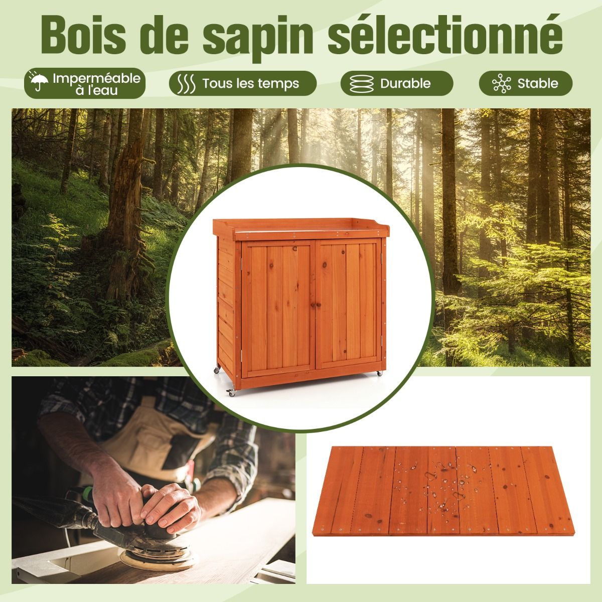 Costwy Rangement de Jardin Armoire en Bois Table de Jardinage avec Etagère Amovible 4 Roues Universelles Plateau en Acier Galvanisé -