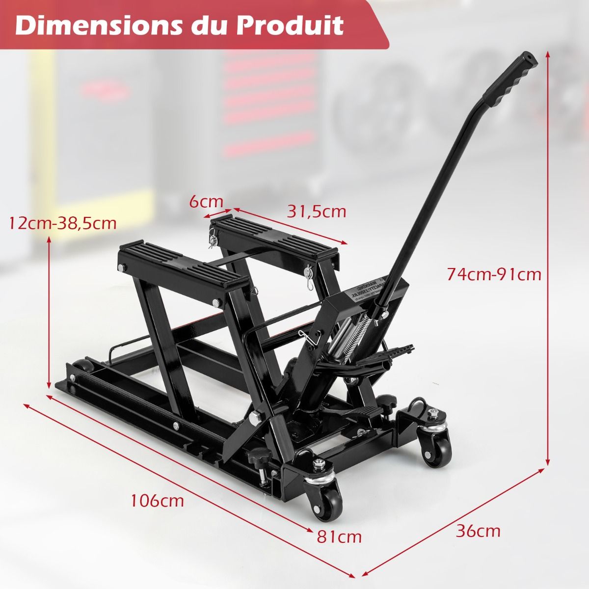 Cric Hydraulique pour Moto Capacité de 680 kg Table Élévatrice Moto Plateforme Réglable en Hauteur sur 3 Niveaux Rouge/Noir -