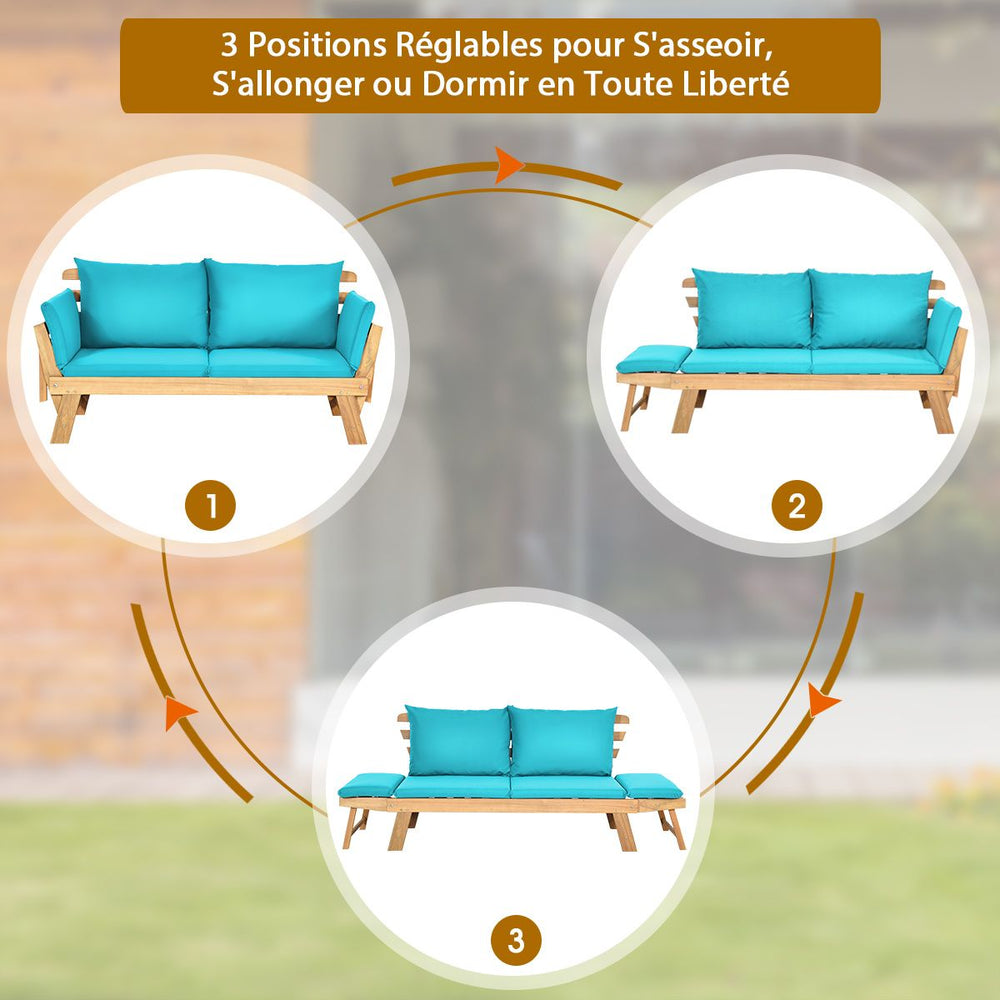 Chaise Longue Convertible avec Coussin Canapé de Jardin 2 en 1 en Bois d’Acacia avec Accoudoir Réglable pour Patio Piscine Jardin Blanc/Gris/Bleu/Rouge -