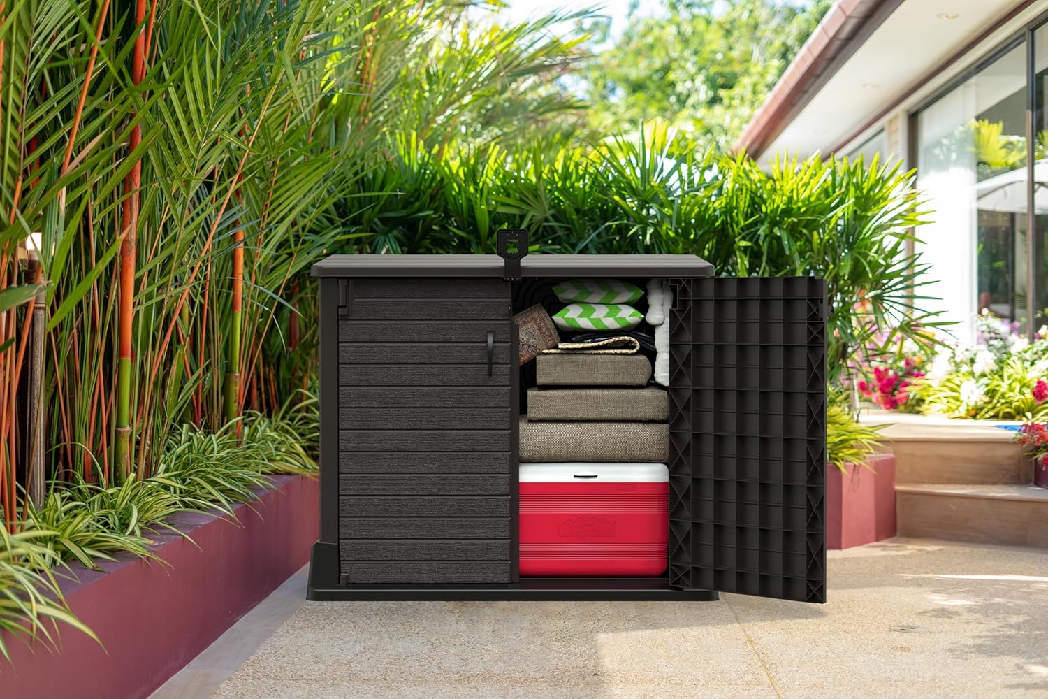 Duramax StoreAway 1200L Plastic Garden Shed/ Flat Lid,Outdoor Storage Shed,Wheelie Bin Hideaways,Wheelie bin box,Durable Construction,Ideal for Bikes,BBQs & 2x 240L Bins,145x85x125 cm,Brown