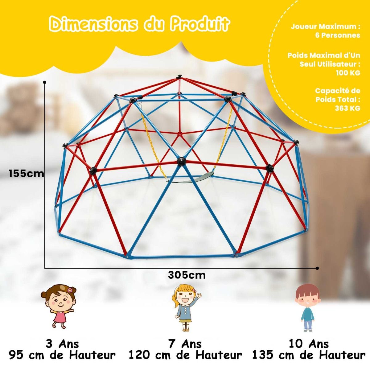 D么me d'Escalade de 305cm avec Balanoire Cage d'Escalade en Mtal Charge Max 363 kg Intrieur Extrieur pour Enfants de 3-10 Ans Jaune/Rouge -