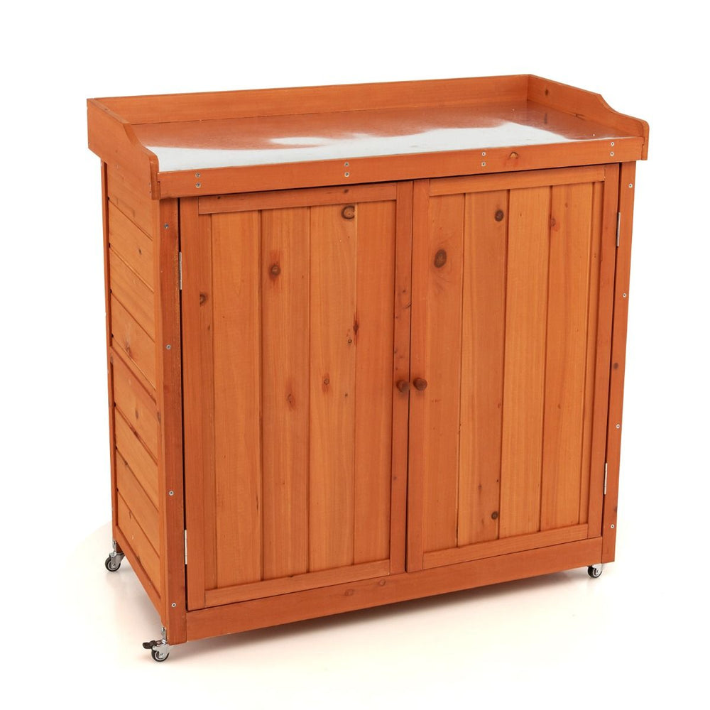 Costwy Rangement de Jardin Armoire en Bois Table de Jardinage avec Etagère Amovible 4 Roues Universelles Plateau en Acier Galvanisé -