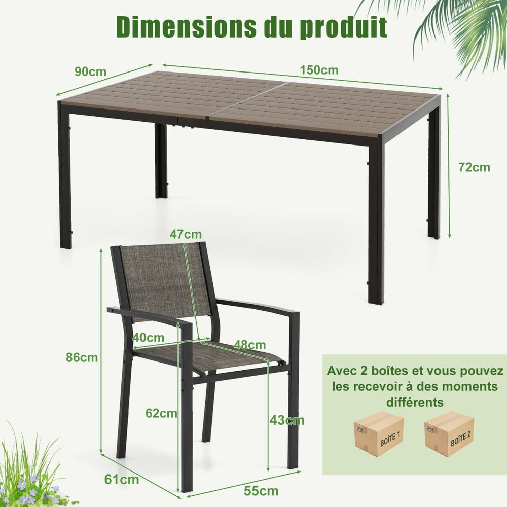 Ensemble de Meubles de Patio 7 Pièces pour 6 Personnes Salon de Jardin avec 6 Chaises Empilables et Table Rectangulaire Gris -