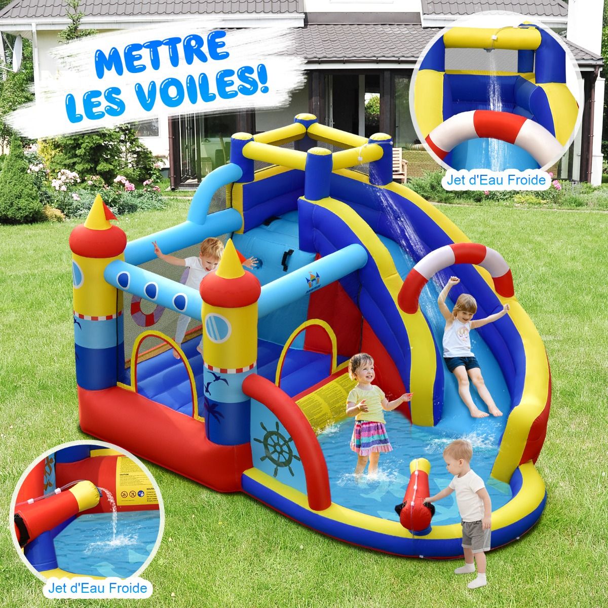 Château Gonflable Style Bateau avec Toboggan Incurvé Zone de Saut Mur d'Escalade Gonfleur non Inclus -