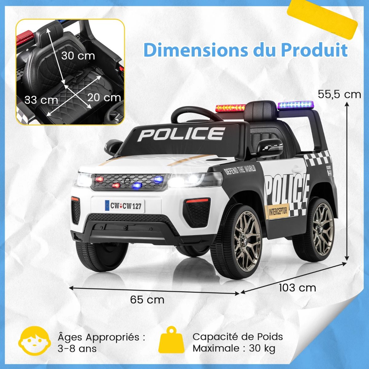 Voiture de Police Electrique Alimentée par Batterie 12 V/7 A Télécommande Connexion Sans Fil Musique Klaxon Sirène Lumières LED Blanc -