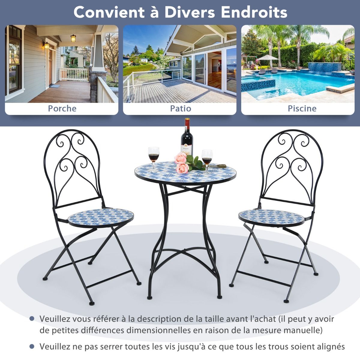 Ensemble Table et 2 Chaises Pliantes de Bistrot 2 Personnes Design Carreaux de Mosaïque Collés sur du Ciment pour Terrasse -