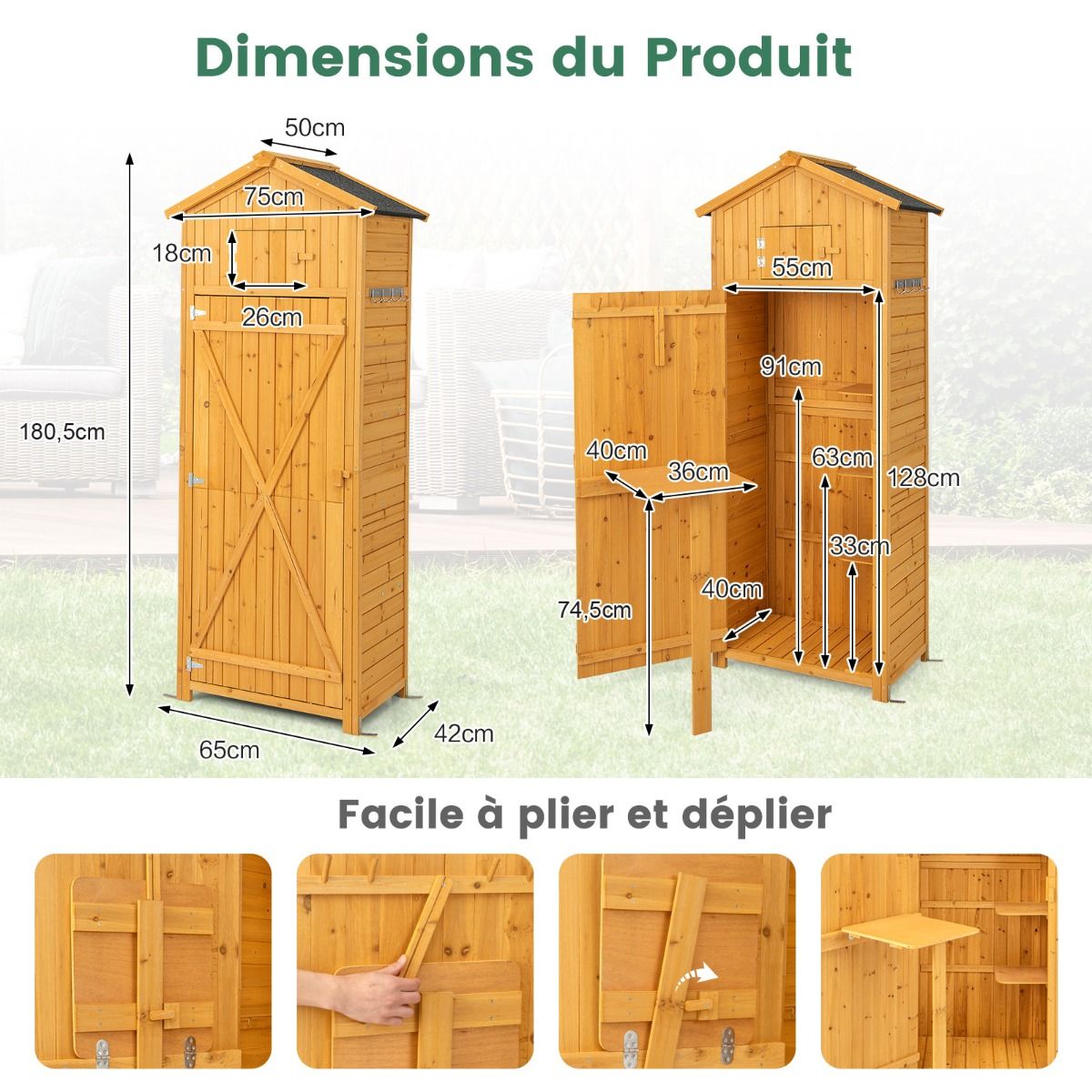 Armoire de Jardin en Bois Impermable avec Toit Abri de Jardin avec Table Pliable tagres et 8 Crochets 75x50x180,5CM -
