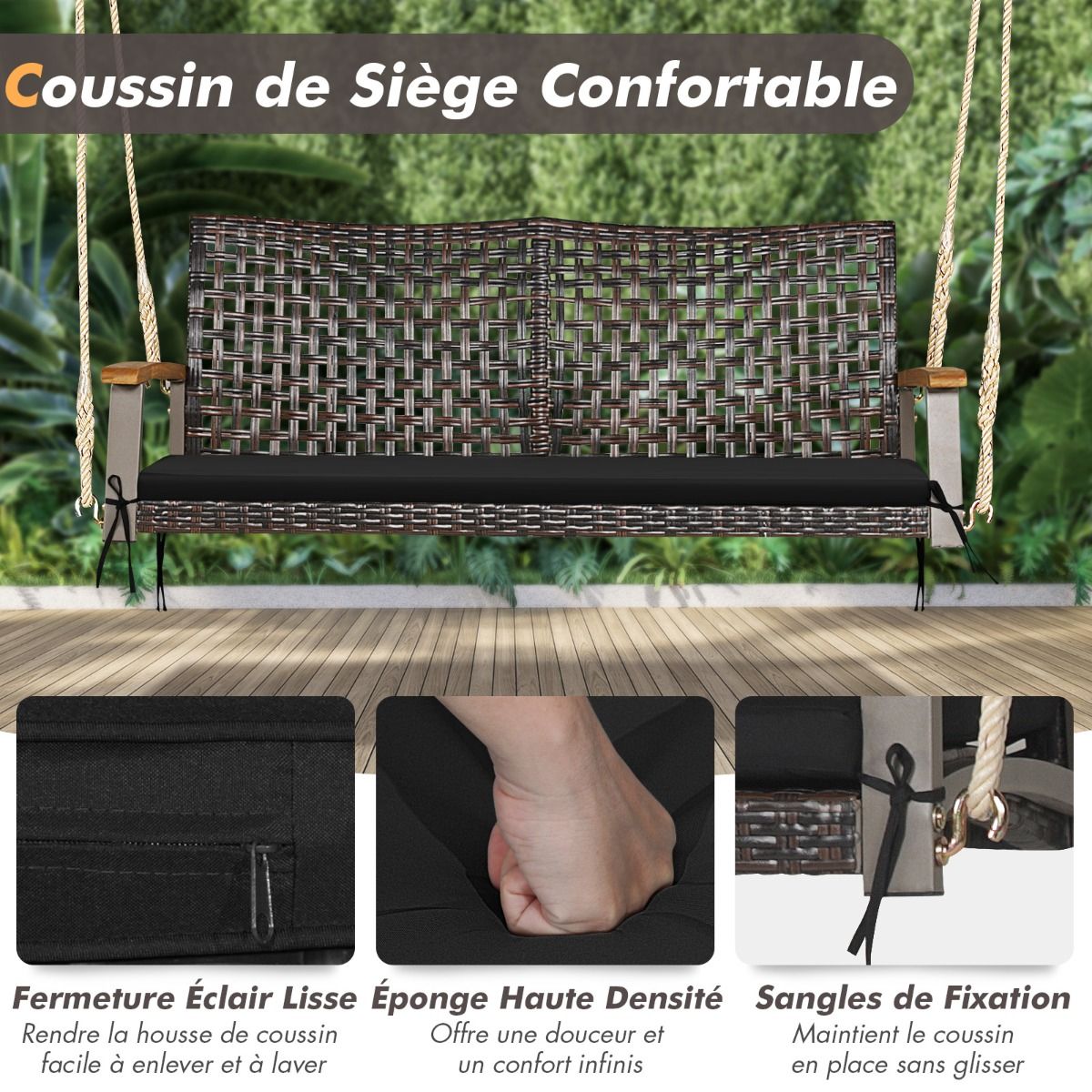 Banc Suspendu de Jardin en Rotin 2 Place Accoudoirs en Bois d'Acacia Cadre en Mtal Coussin Cordes Crochets Blanc/Noir -