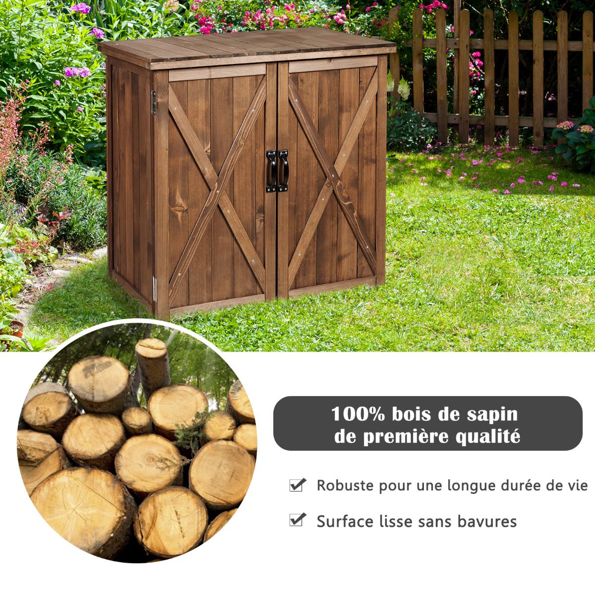 Armoire de Jardin Exterieur en Bois 77,5 x 56 x 72 cm Abri à Outils avec Double Portes Marron -