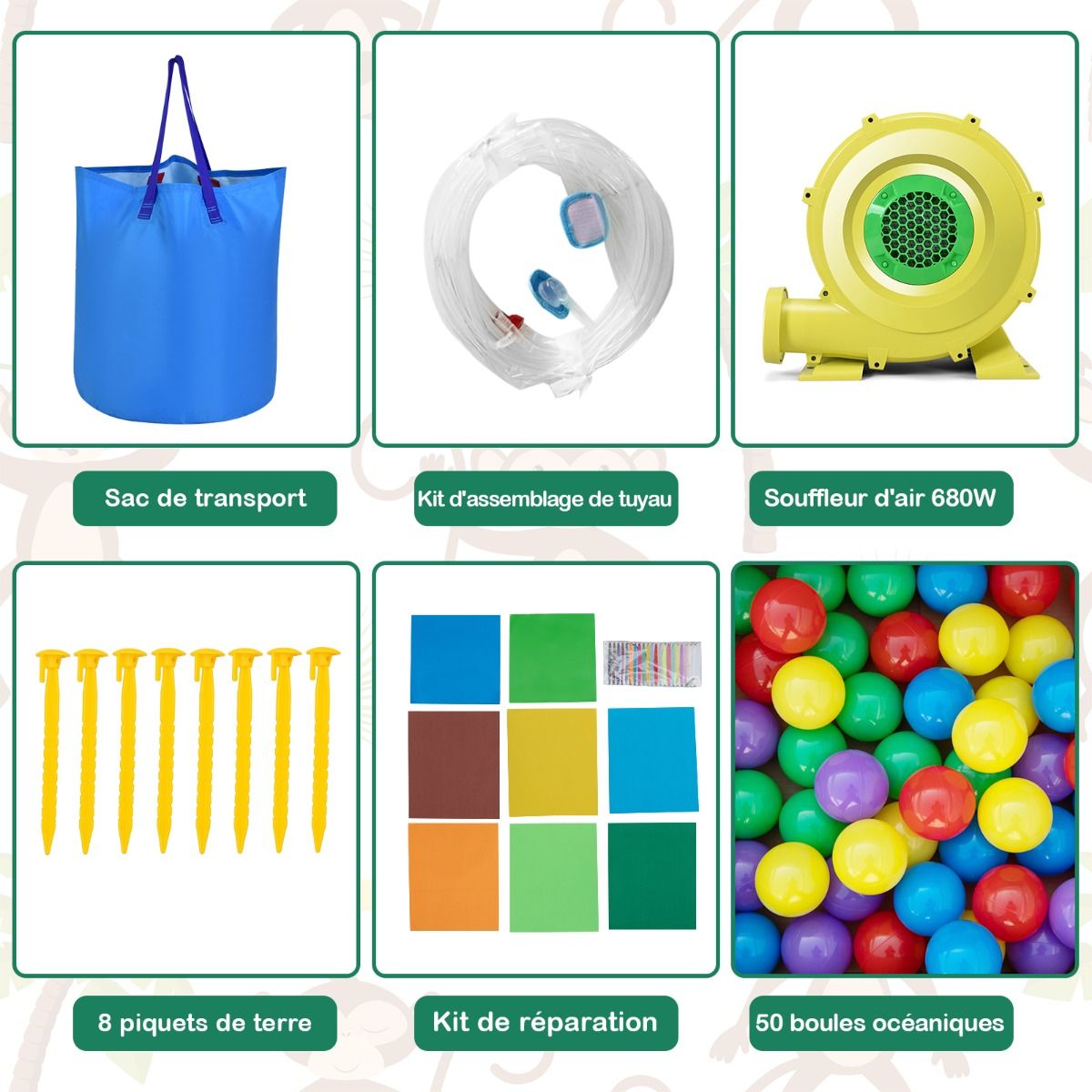 7 en 1 Château Gonflable Tropical à Thème Singe & Palmier avec Toboggan Aquatique avec Piscine & 50 Boules Charge 90kg pour 2 Enfants de 3-10 Ans -