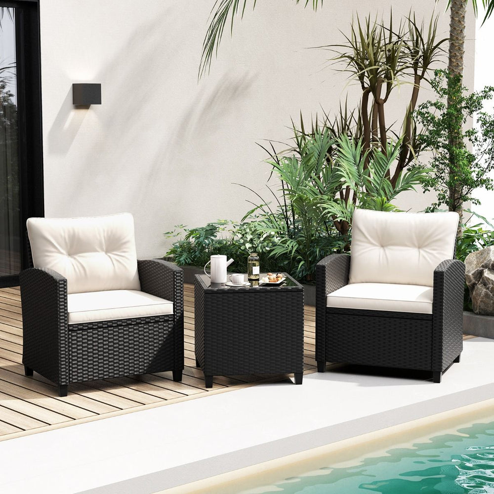 Ensemble de Meubles 3 Pièces de Patio en Rotin Charge 180KG Salon de Jardin 2 Fauteuils Table Basse avec Plateau Noir/Beige/Blanc -