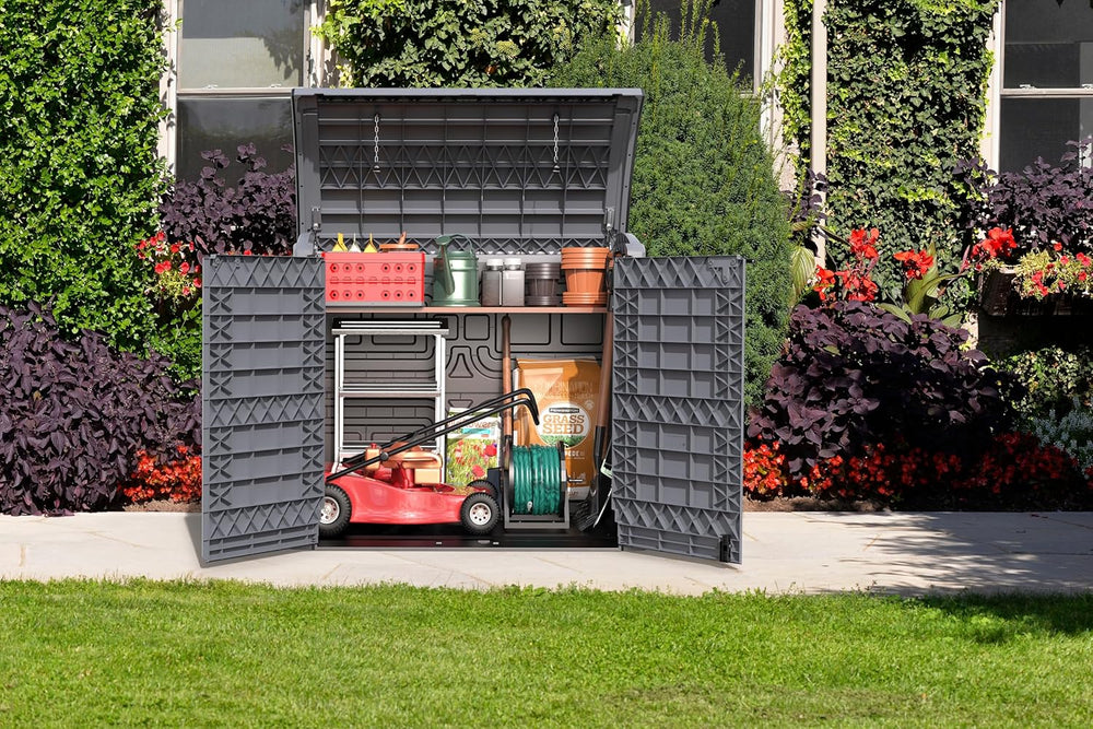 Duramax StoreAway 1200L Plastic Garden Shed/ Flat Lid,Outdoor Storage Shed,Wheelie Bin Hideaways,Wheelie bin box,Durable Construction,Ideal for Bikes,BBQs & 2x 240L Bins,145x85x125 cm,Brown