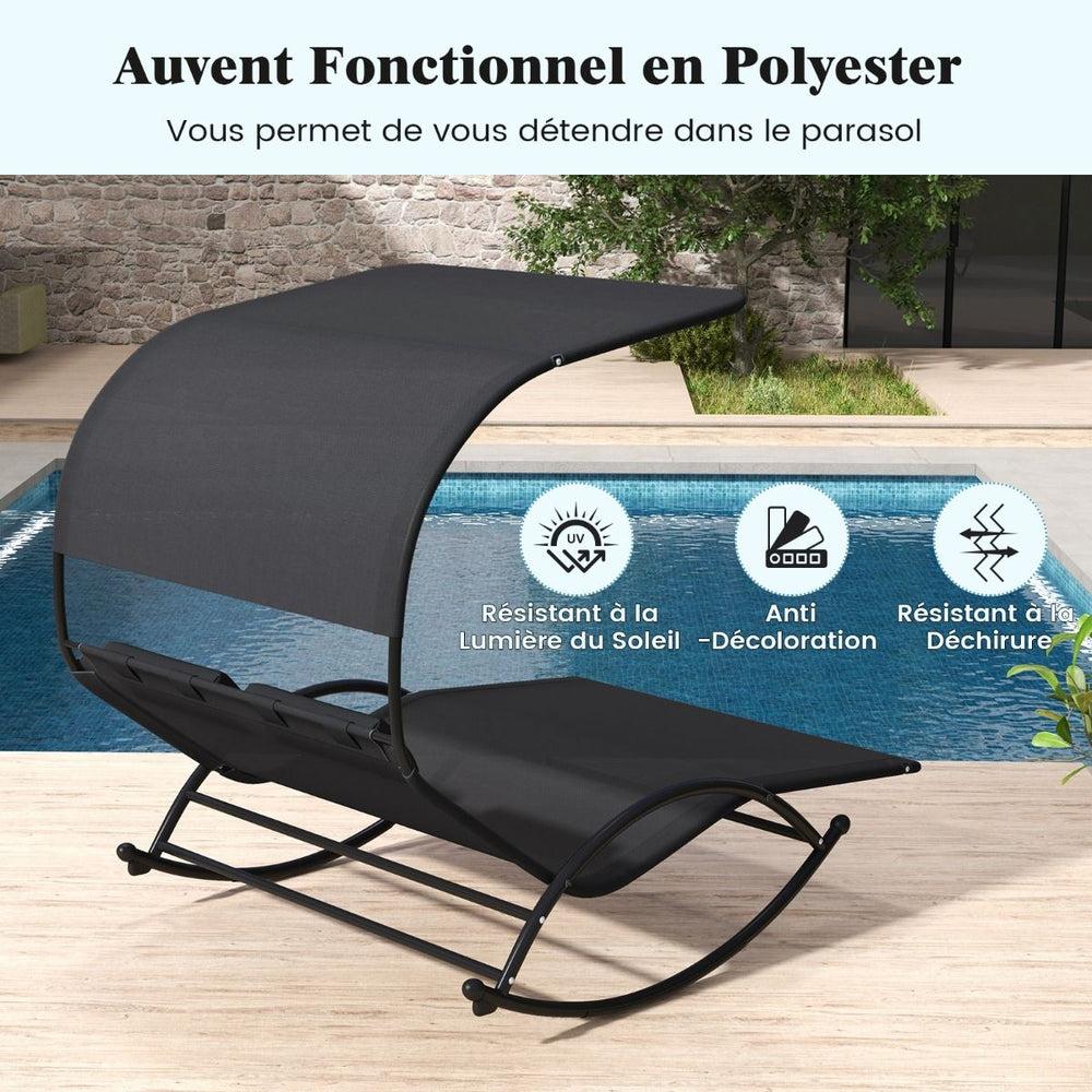 Chaise Longue Double Chaise à Bascule pour 2 Personnes 2 Appui-Têtes Amovibles Cadre en Métal Robuste Lit de Repos Ergonomique 2 Places Gris/Noir/Beige -