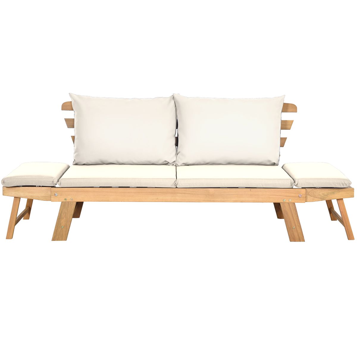 Chaise Longue Convertible avec Coussin Canapé de Jardin 2 en 1 en Bois d’Acacia avec Accoudoir Réglable pour Patio Piscine Jardin Blanc/Gris/Bleu/Rouge -