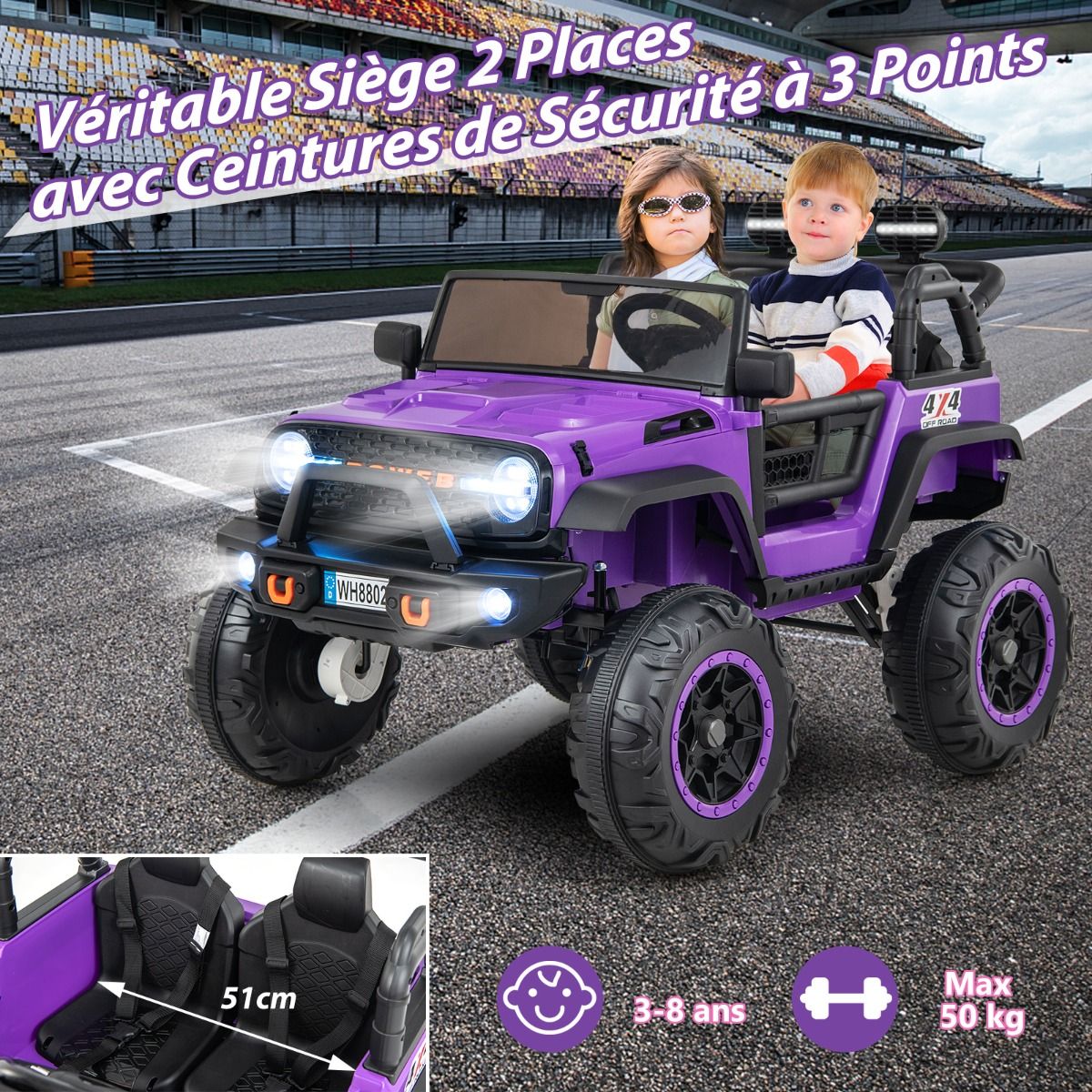 Voiture lectrique 24v pour Enfants 2 Places Tlcommande Musique Histoire Klaxon Usb Fonction de Dmarrage Lent Suspensions  Ressort Blanc/Noir/Rose/Violet -